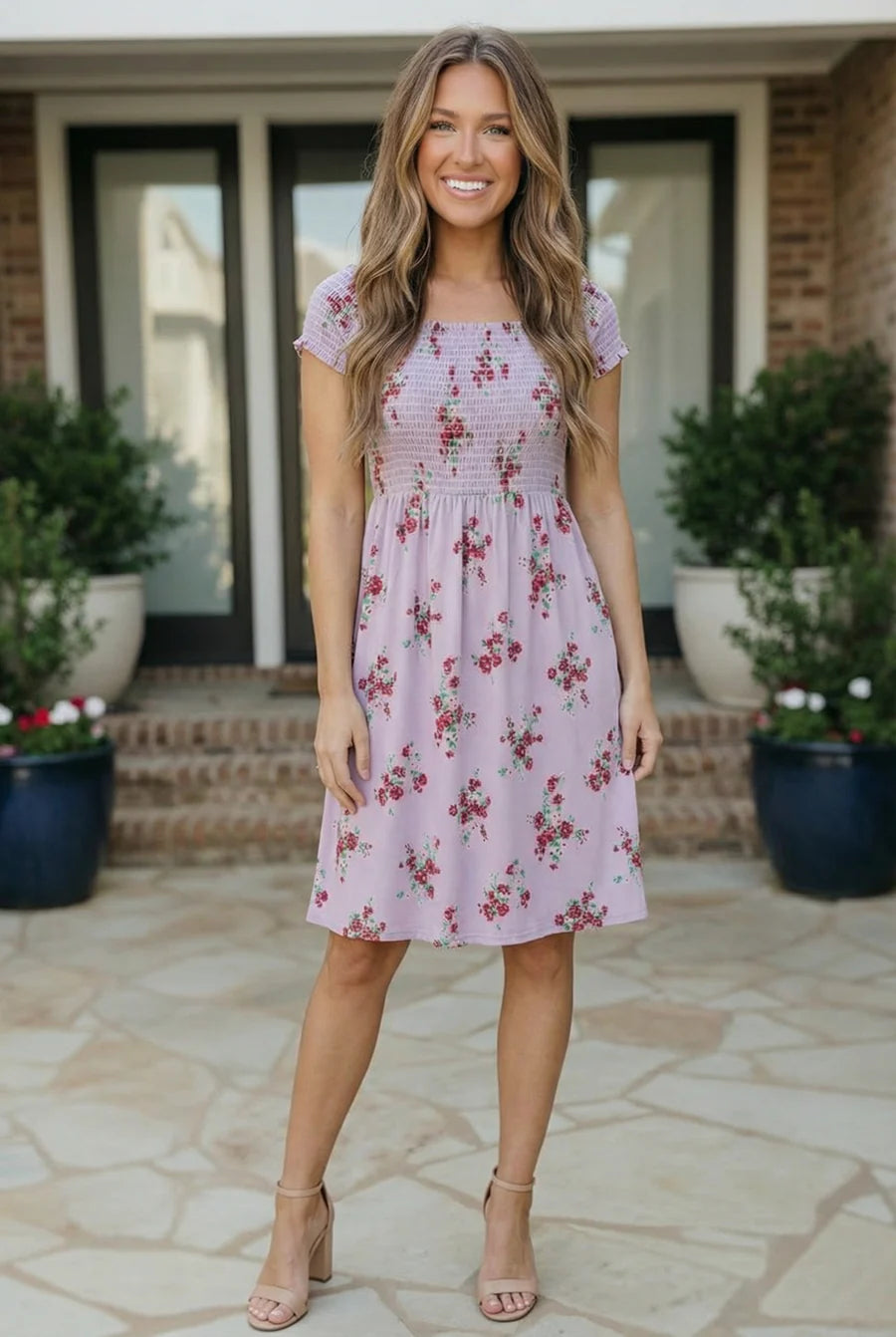 Lilac Smocked Panel Floral Dress