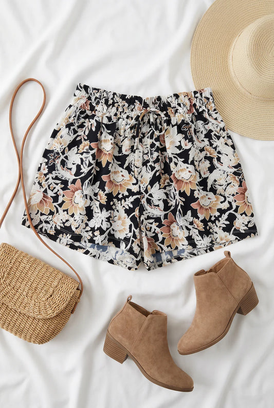 Black Floral Print Drawstring Shorts